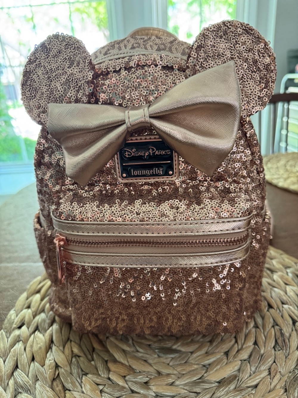 Loungefly Rose Gold Sequin Minnie Ears Mini Backpack.